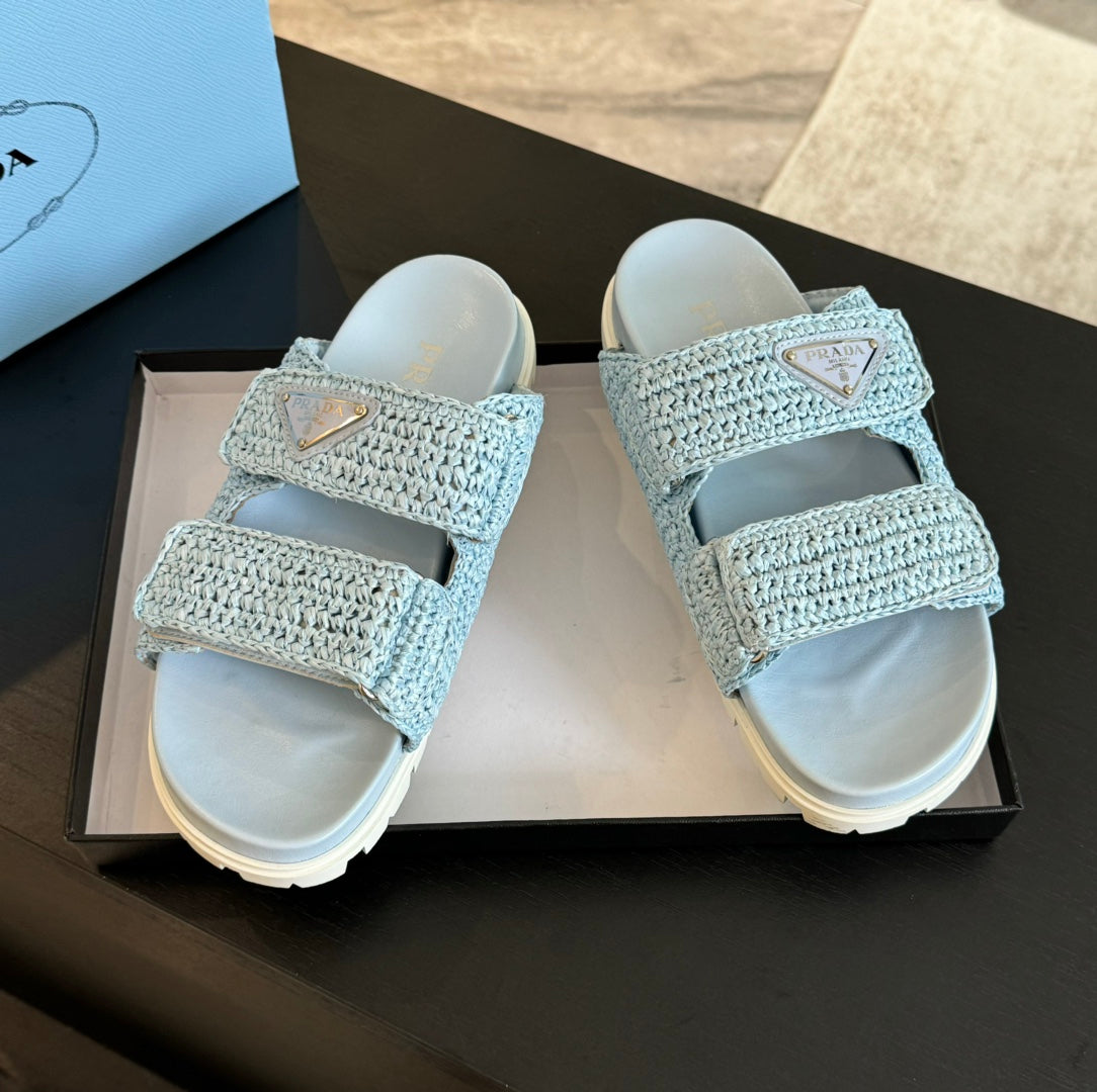 PRADA RAFFIA CORK SLIDE SKY CALFSKIN