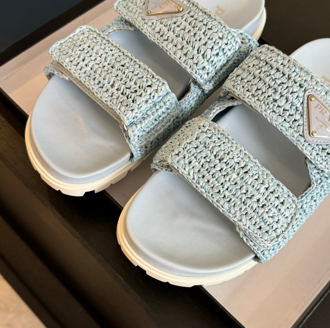 PRADA RAFFIA CORK SLIDE SKY CALFSKIN