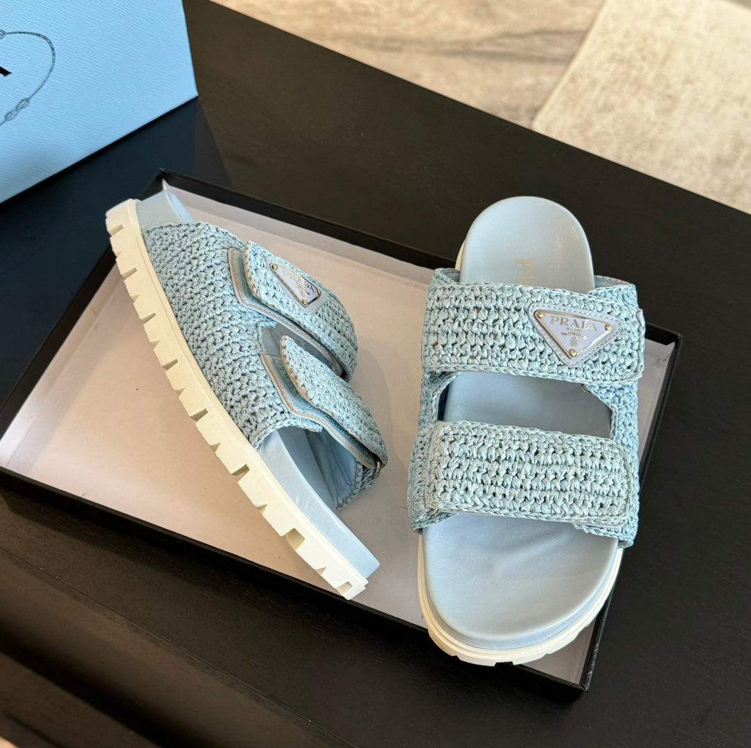 PRADA RAFFIA CORK SLIDE SKY CALFSKIN