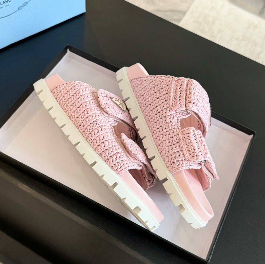 PRADA RAFFIA CORK SLIDE LIGHT PINK CALFSKIN