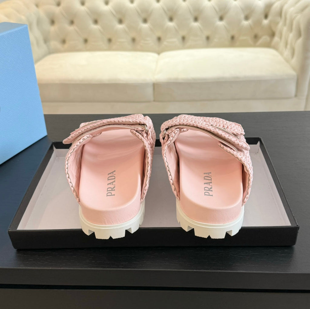 PRADA RAFFIA CORK SLIDE LIGHT PINK CALFSKIN