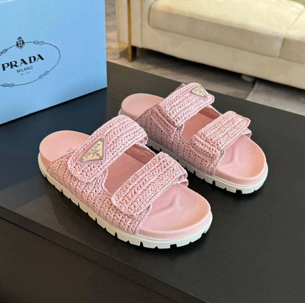 PRADA RAFFIA CORK SLIDE LIGHT PINK CALFSKIN