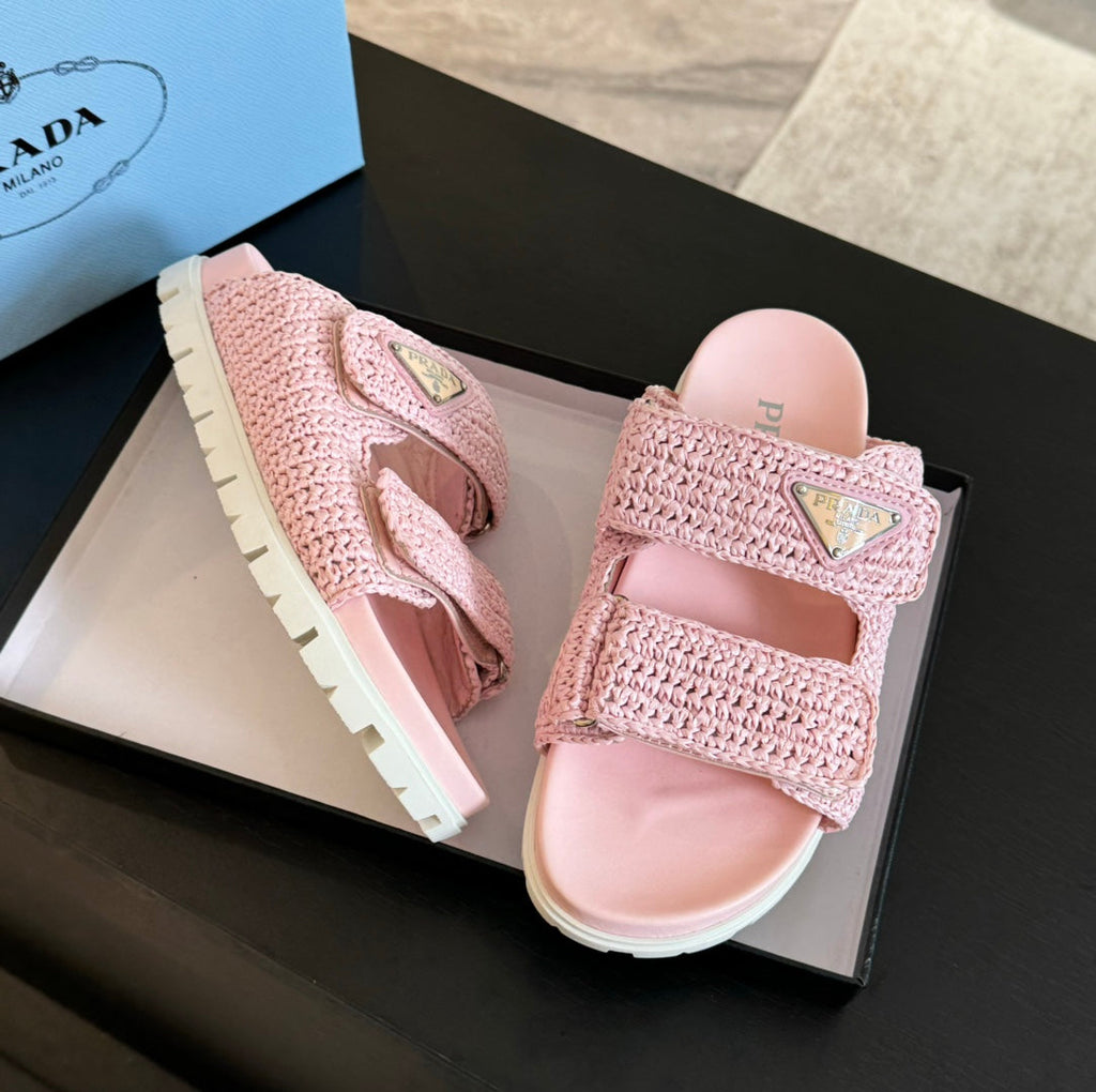 PRADA RAFFIA CORK SLIDE LIGHT PINK CALFSKIN