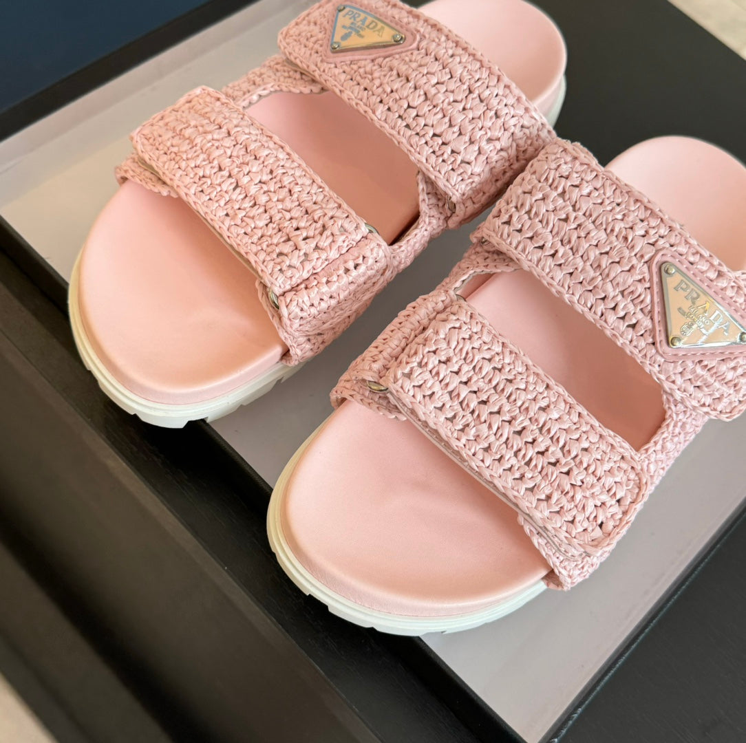 PRADA RAFFIA CORK SLIDE LIGHT PINK CALFSKIN