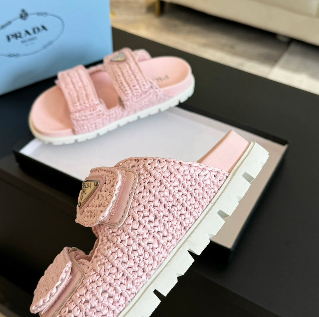 PRADA RAFFIA CORK SLIDE LIGHT PINK CALFSKIN