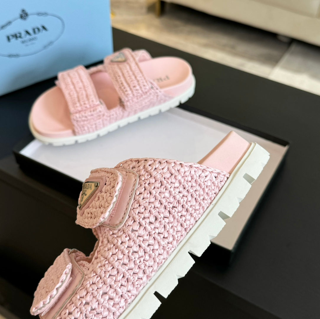 PRADA RAFFIA CORK SLIDE LIGHT PINK CALFSKIN