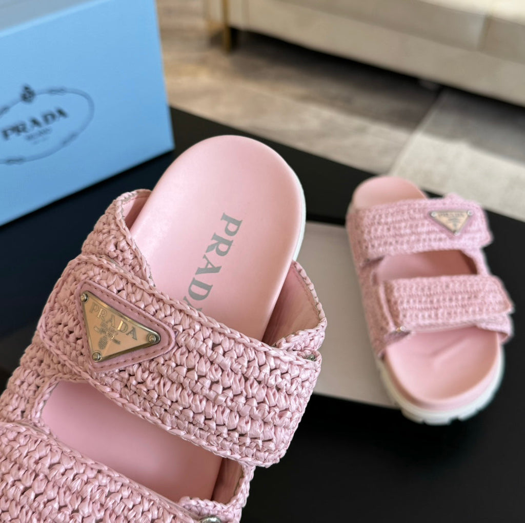 PRADA RAFFIA CORK SLIDE LIGHT PINK CALFSKIN