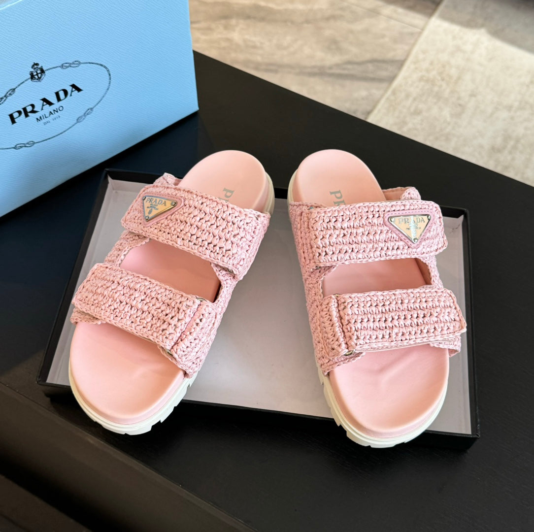 PRADA RAFFIA CORK SLIDE LIGHT PINK CALFSKIN