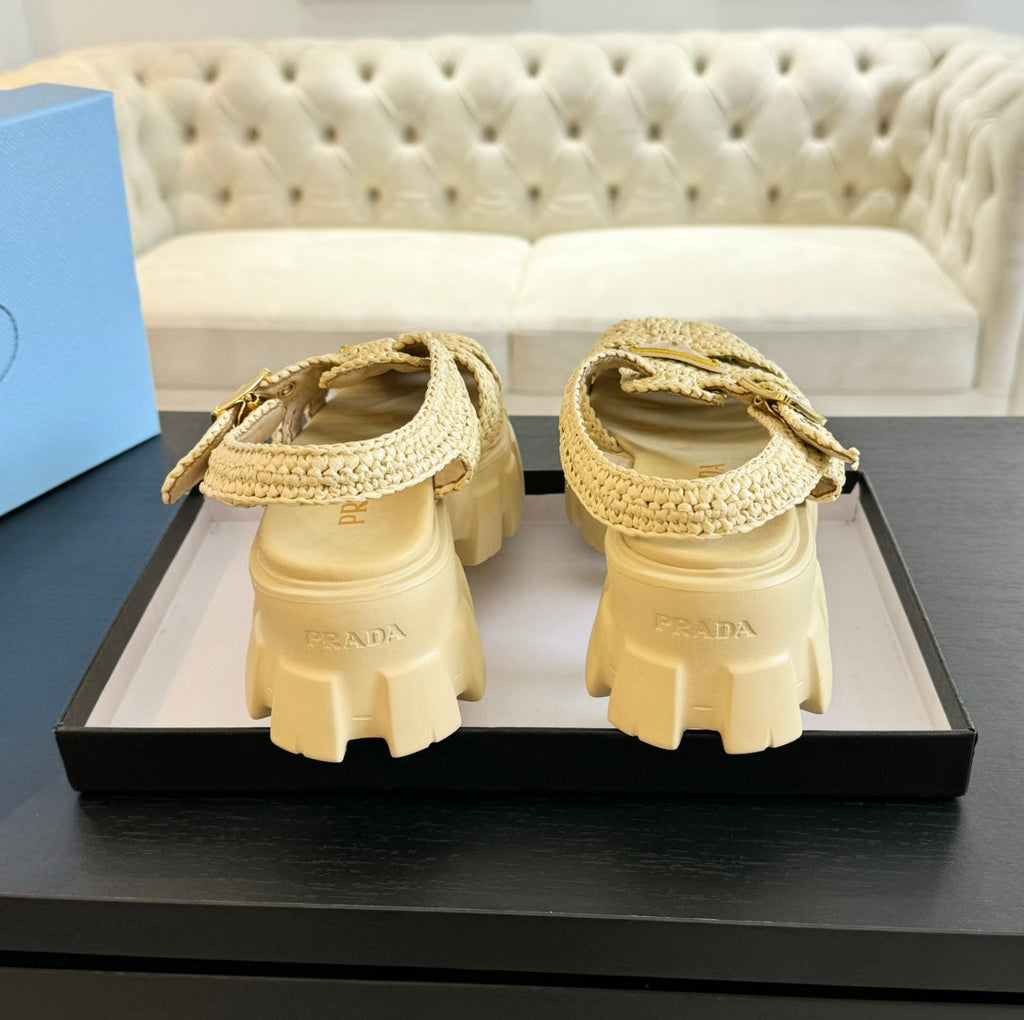 PRADA MONOLITH CROCHET CAGE SANLS PASTEL YELLOW LAMBSKIN