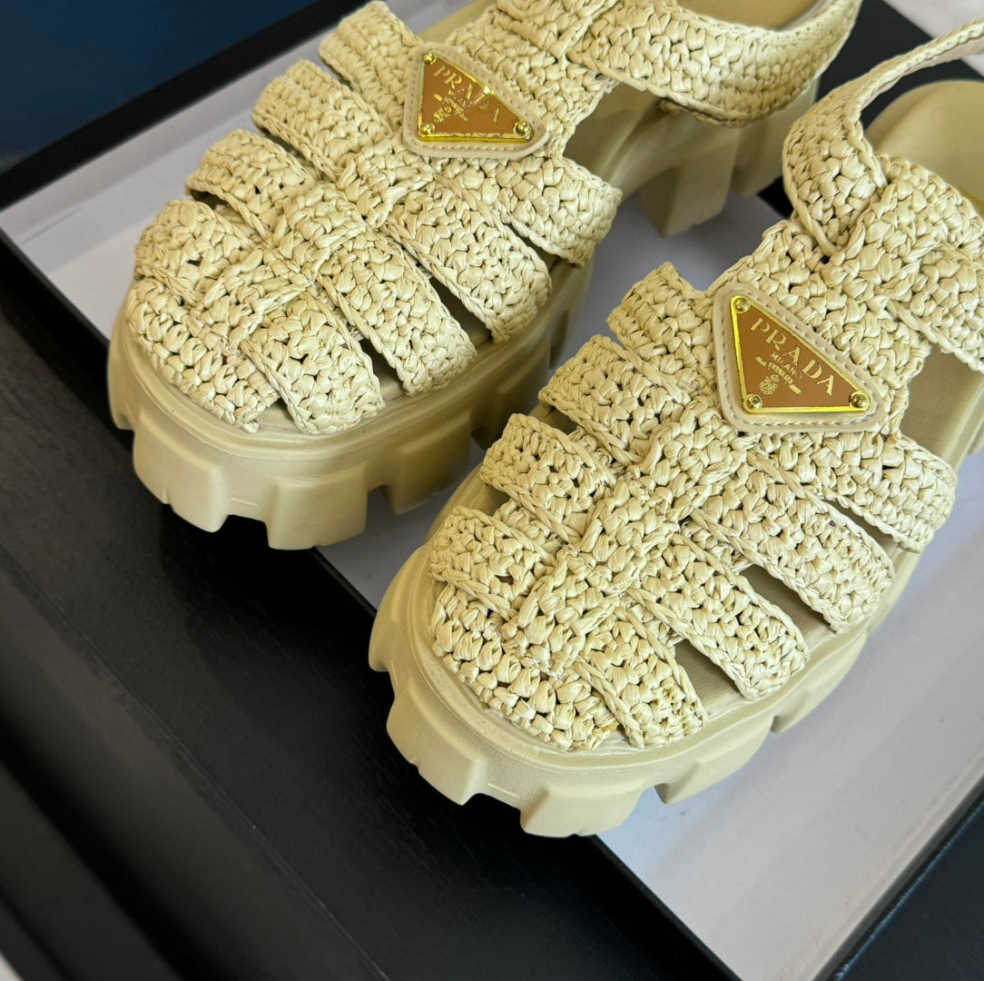 PRADA MONOLITH CROCHET CAGE SANLS PASTEL YELLOW LAMBSKIN