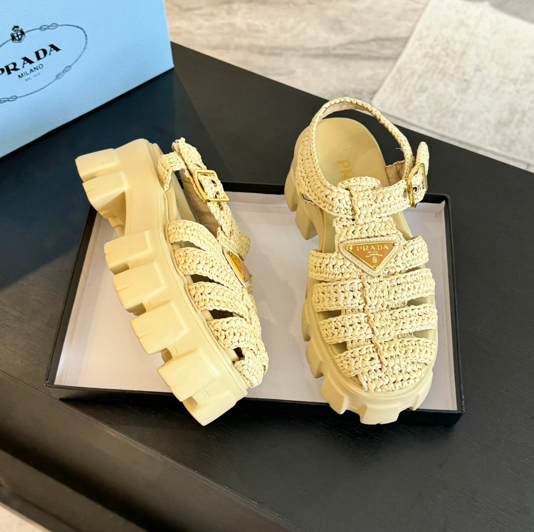 PRADA MONOLITH CROCHET CAGE SANLS PASTEL YELLOW LAMBSKIN