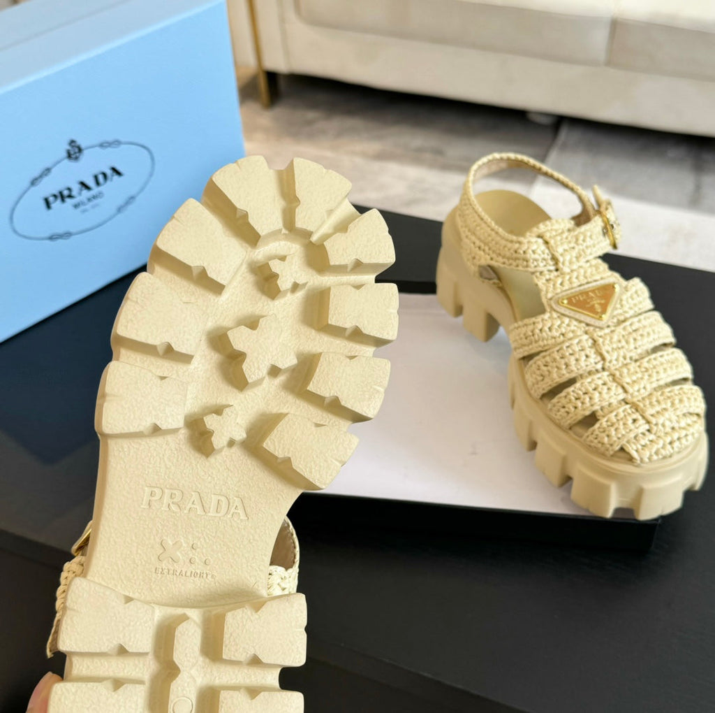 PRADA MONOLITH CROCHET CAGE SANLS PASTEL YELLOW LAMBSKIN