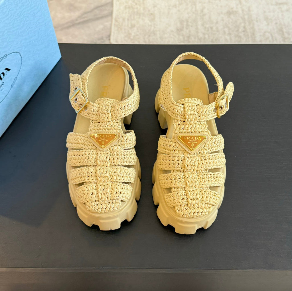 PRADA MONOLITH CROCHET CAGE SANLS PASTEL YELLOW LAMBSKIN