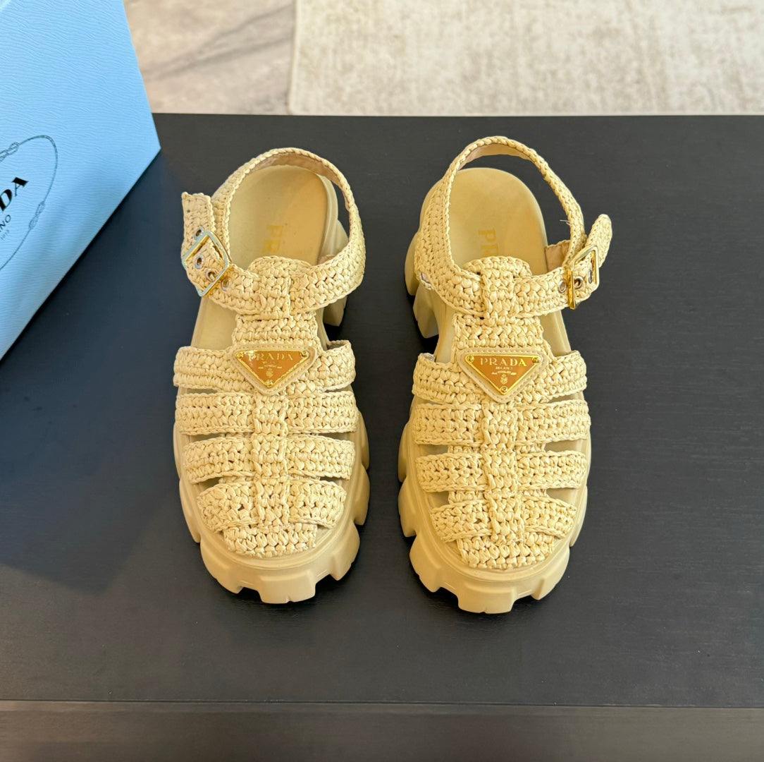 PRADA MONOLITH CROCHET CAGE SANLS PASTEL YELLOW LAMBSKIN