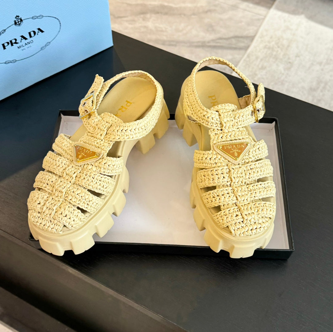 PRADA MONOLITH CROCHET CAGE SANLS PASTEL YELLOW LAMBSKIN