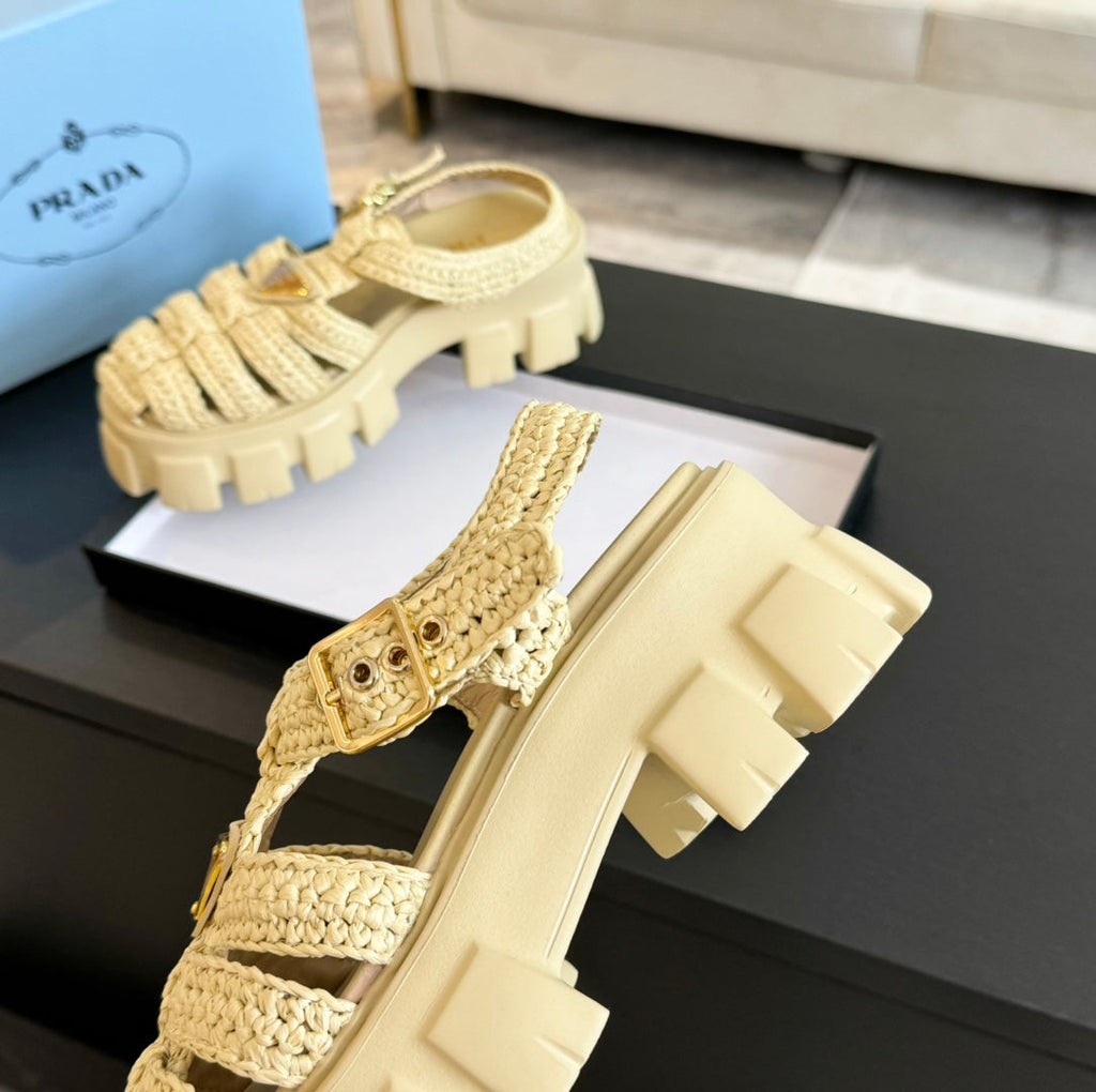 PRADA MONOLITH CROCHET CAGE SANLS PASTEL YELLOW LAMBSKIN