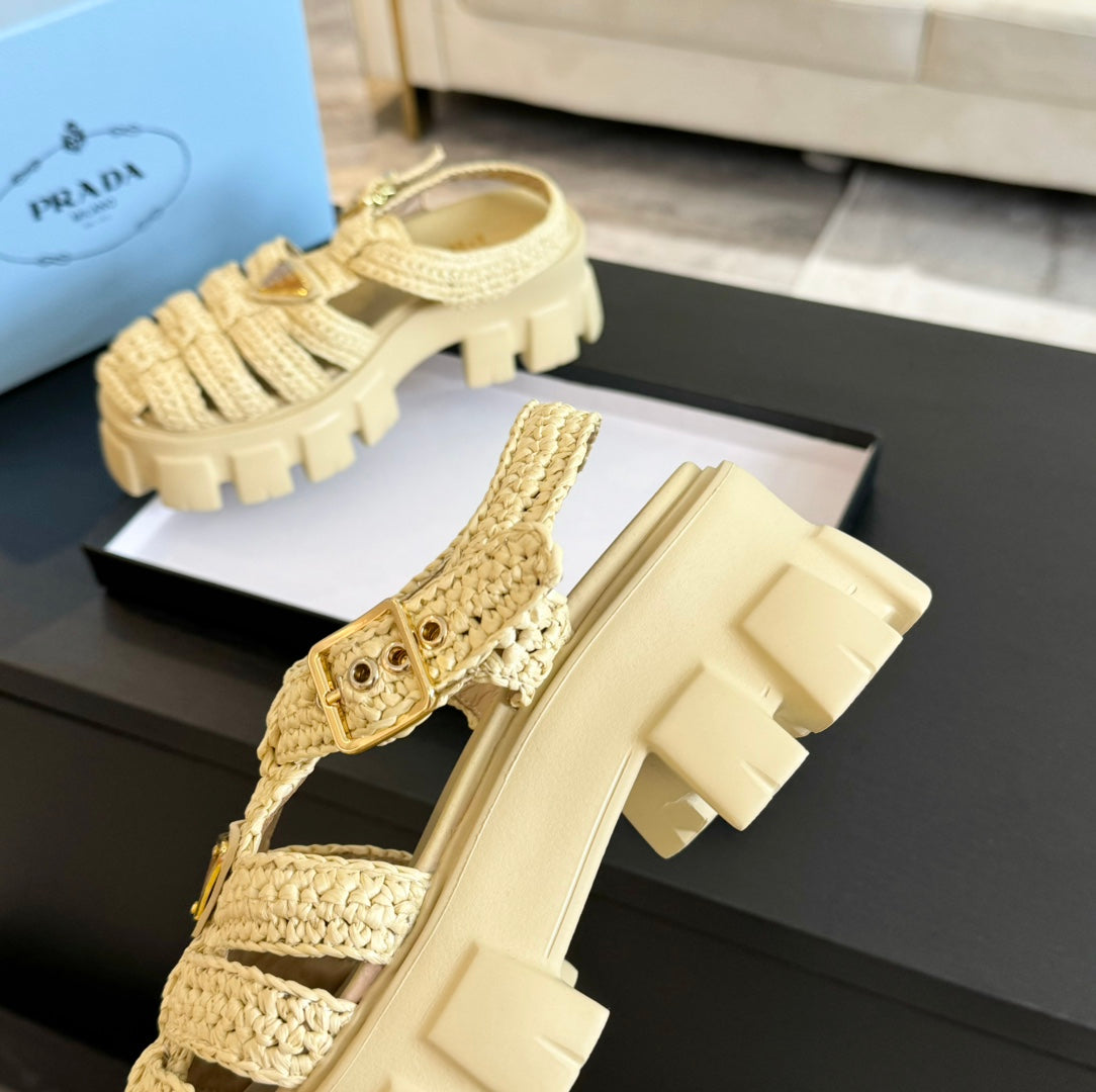 PRADA MONOLITH CROCHET CAGE SANLS PASTEL YELLOW LAMBSKIN