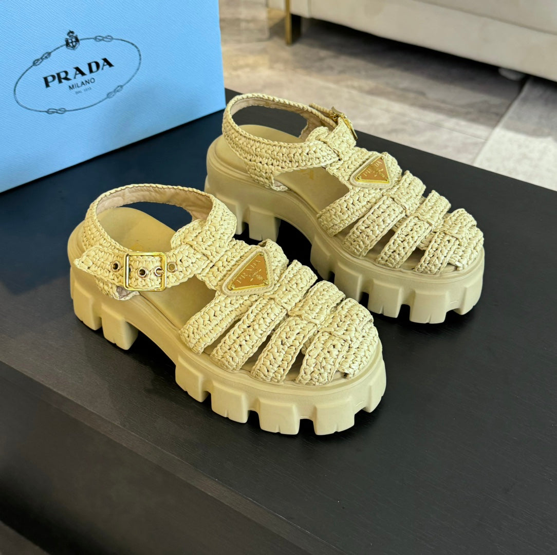 PRADA MONOLITH CROCHET CAGE SANLS PASTEL YELLOW LAMBSKIN