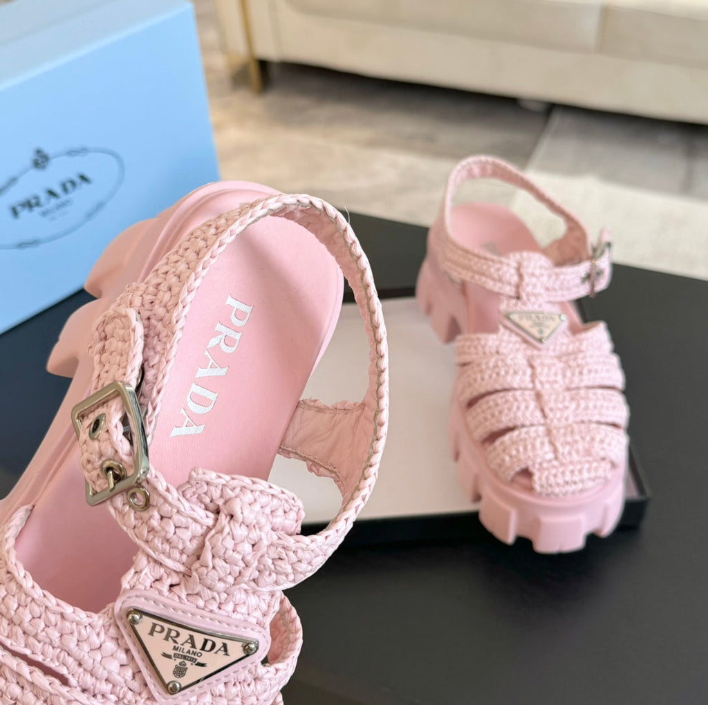 PRADA MONOLITH CROCHET CAGE SANLS LIGHT PINK LAMBSKIN