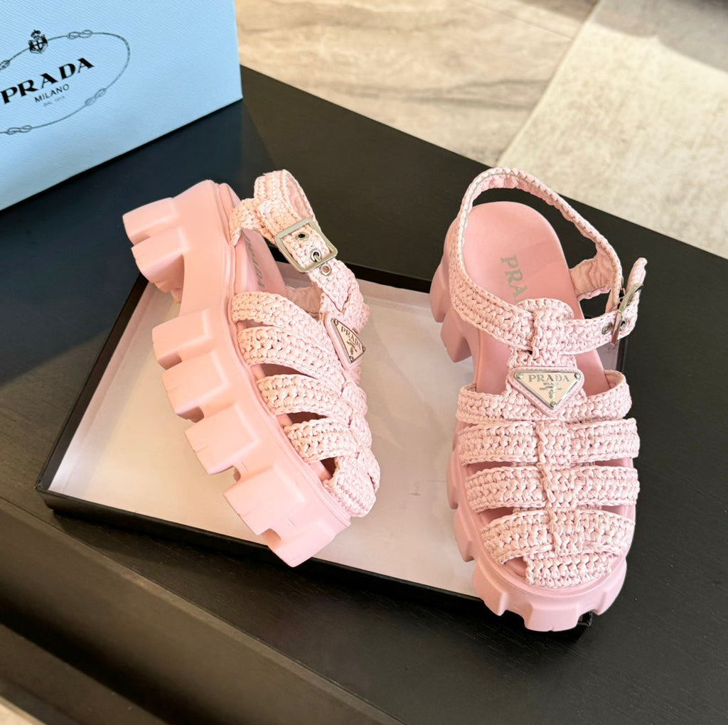PRADA MONOLITH CROCHET CAGE SANLS LIGHT PINK LAMBSKIN