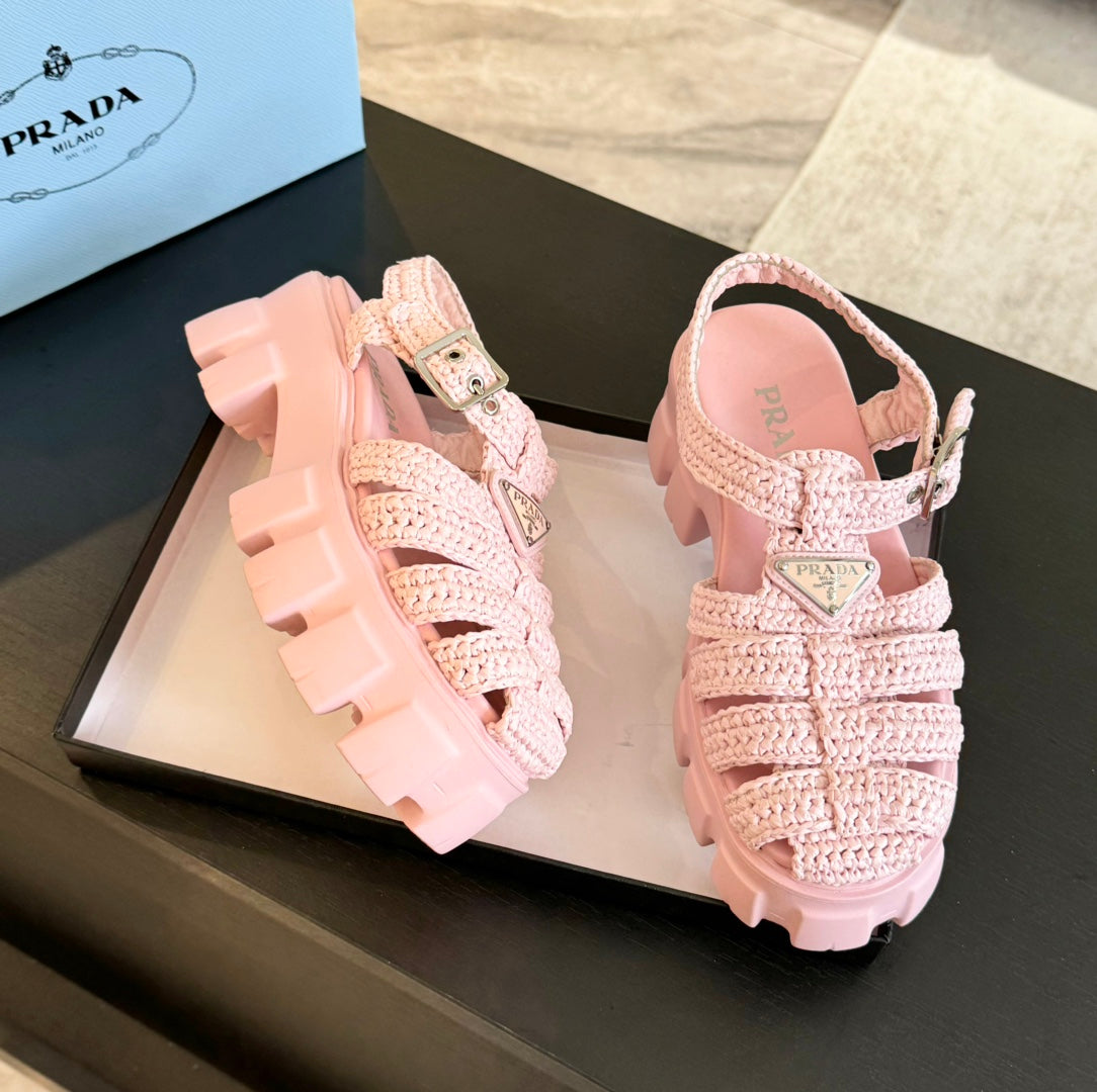 PRADA MONOLITH CROCHET CAGE SANLS LIGHT PINK LAMBSKIN