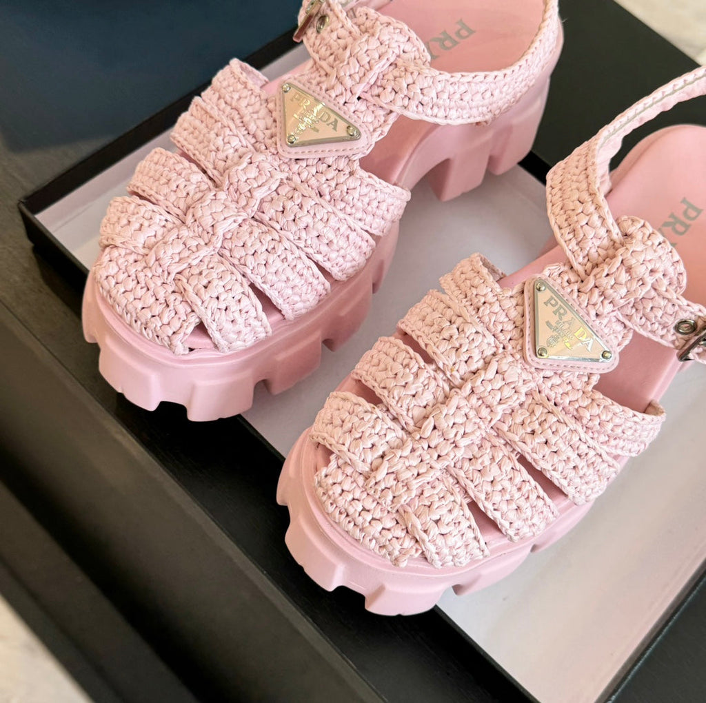 PRADA MONOLITH CROCHET CAGE SANLS LIGHT PINK LAMBSKIN