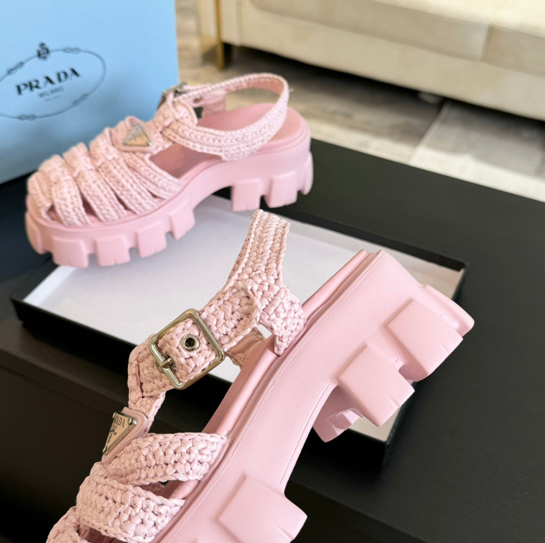 PRADA MONOLITH CROCHET CAGE SANLS LIGHT PINK LAMBSKIN