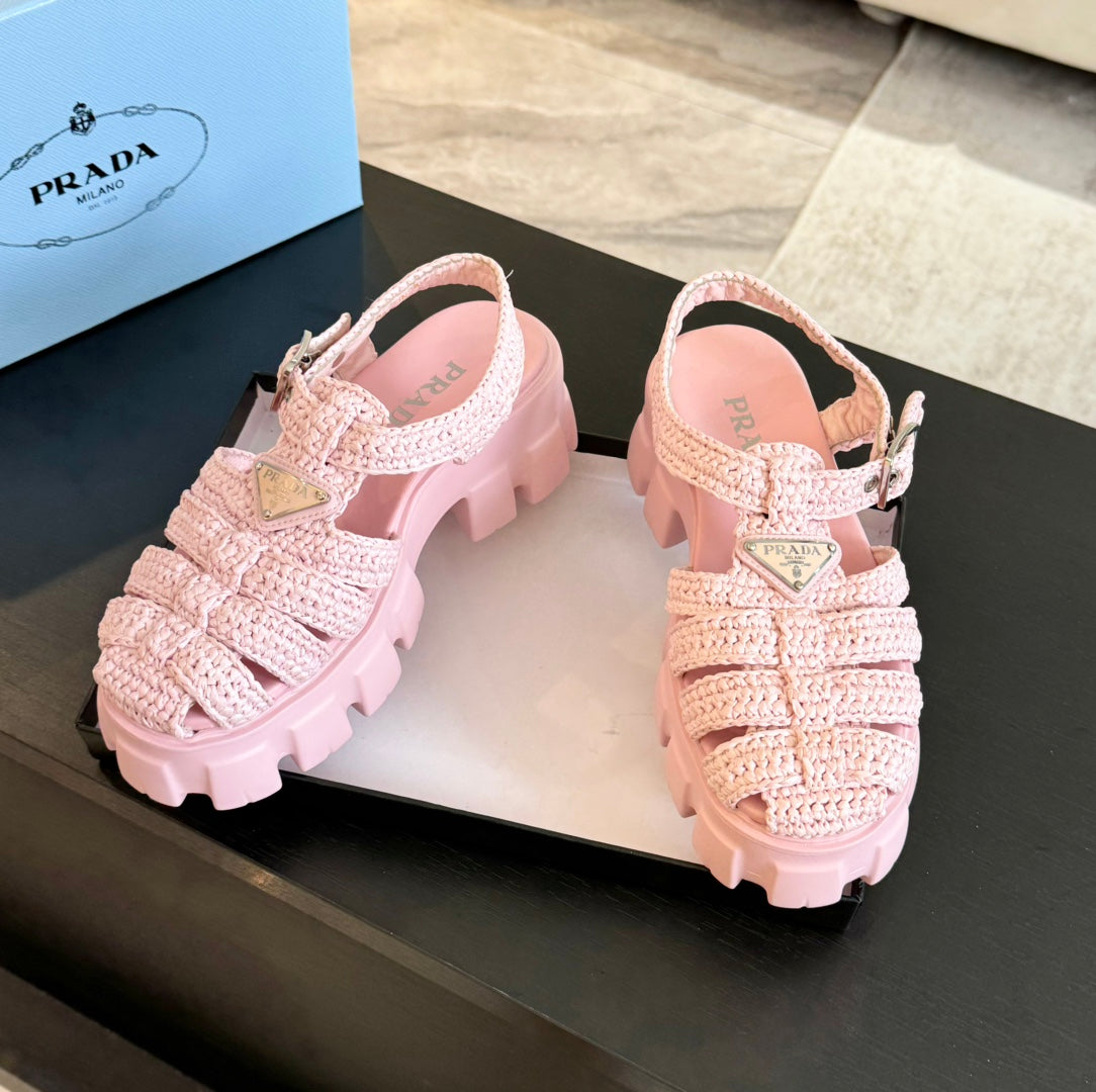 PRADA MONOLITH CROCHET CAGE SANLS LIGHT PINK LAMBSKIN