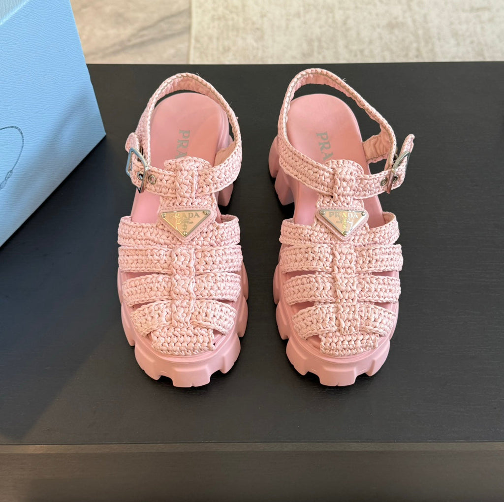 PRADA MONOLITH CROCHET CAGE SANLS LIGHT PINK LAMBSKIN
