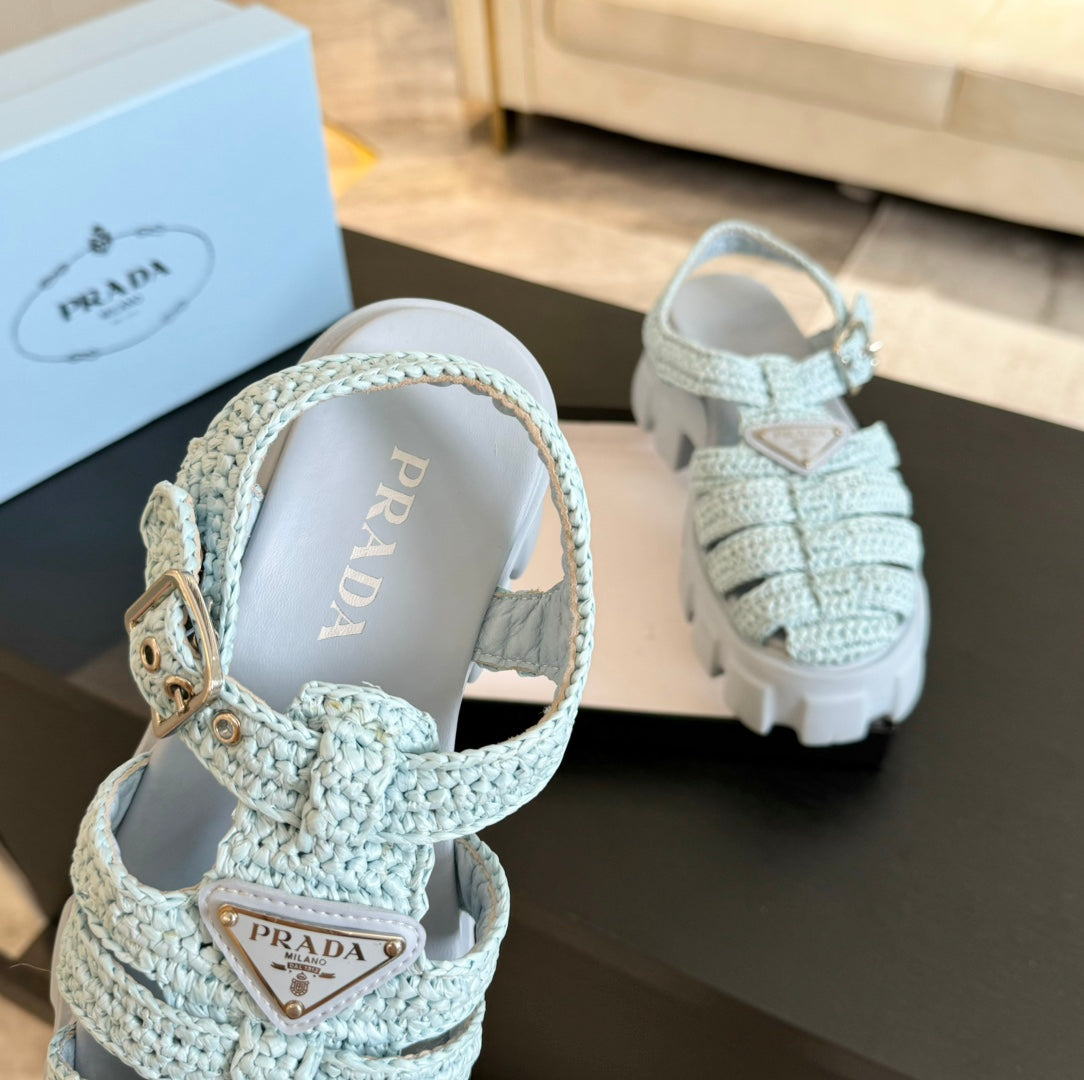 PRADA MONOLITH CROCHET CAGE SANLS PASTEL BLUE LAMBSKIN