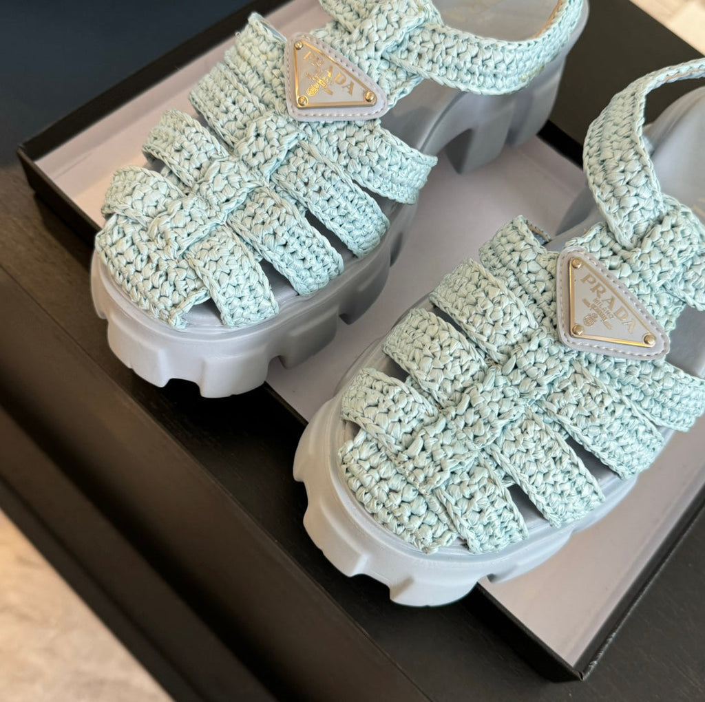 PRADA MONOLITH CROCHET CAGE SANLS PASTEL BLUE LAMBSKIN