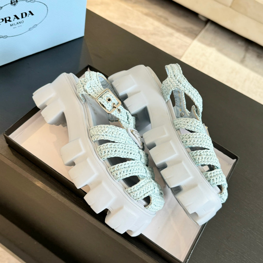 PRADA MONOLITH CROCHET CAGE SANLS PASTEL BLUE LAMBSKIN