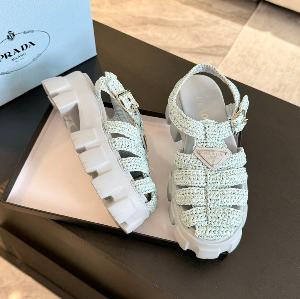 PRADA MONOLITH CROCHET CAGE SANLS PASTEL BLUE LAMBSKIN