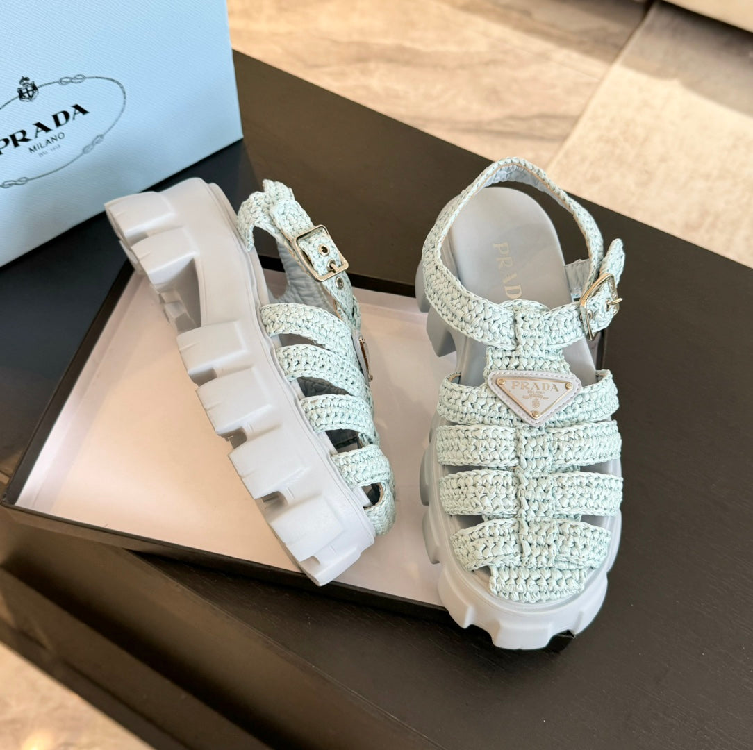 PRADA MONOLITH CROCHET CAGE SANLS PASTEL BLUE LAMBSKIN