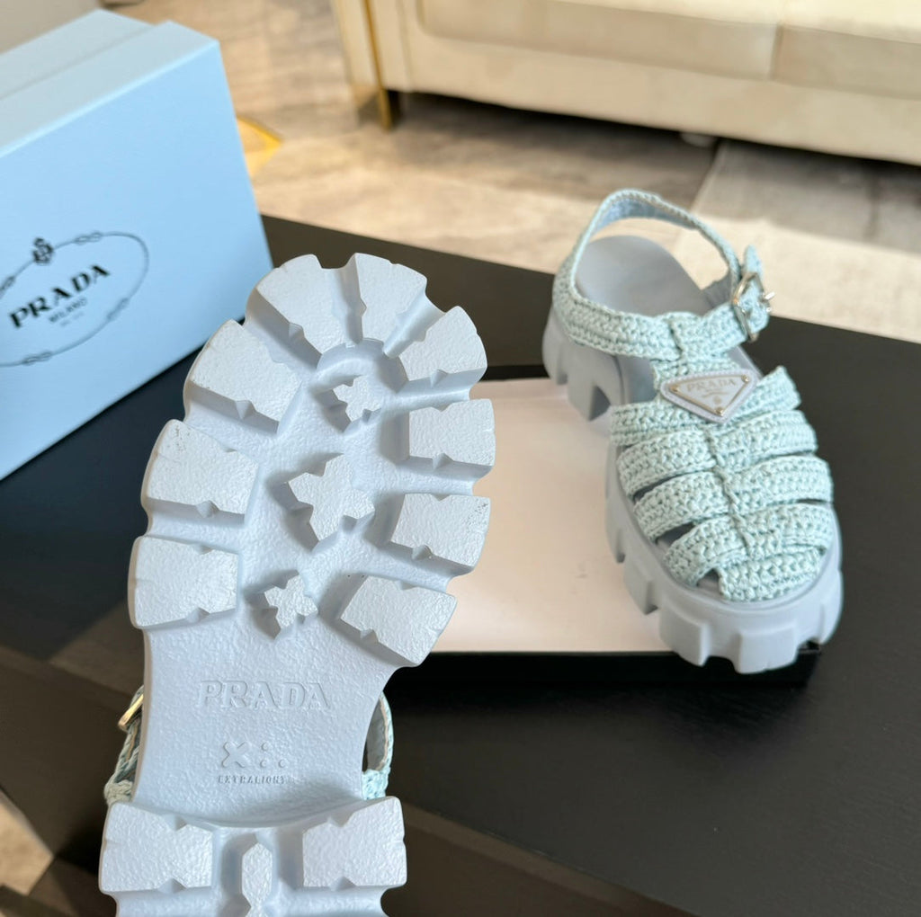 PRADA MONOLITH CROCHET CAGE SANLS PASTEL BLUE LAMBSKIN