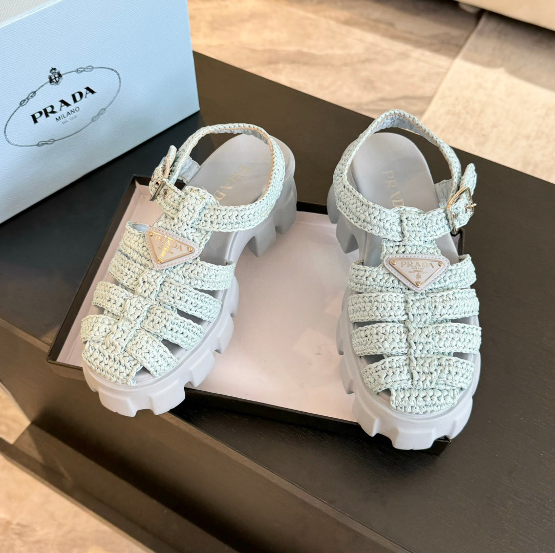 PRADA MONOLITH CROCHET CAGE SANLS PASTEL BLUE LAMBSKIN