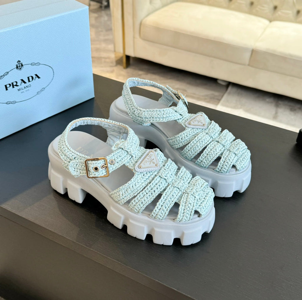 PRADA MONOLITH CROCHET CAGE SANLS PASTEL BLUE LAMBSKIN