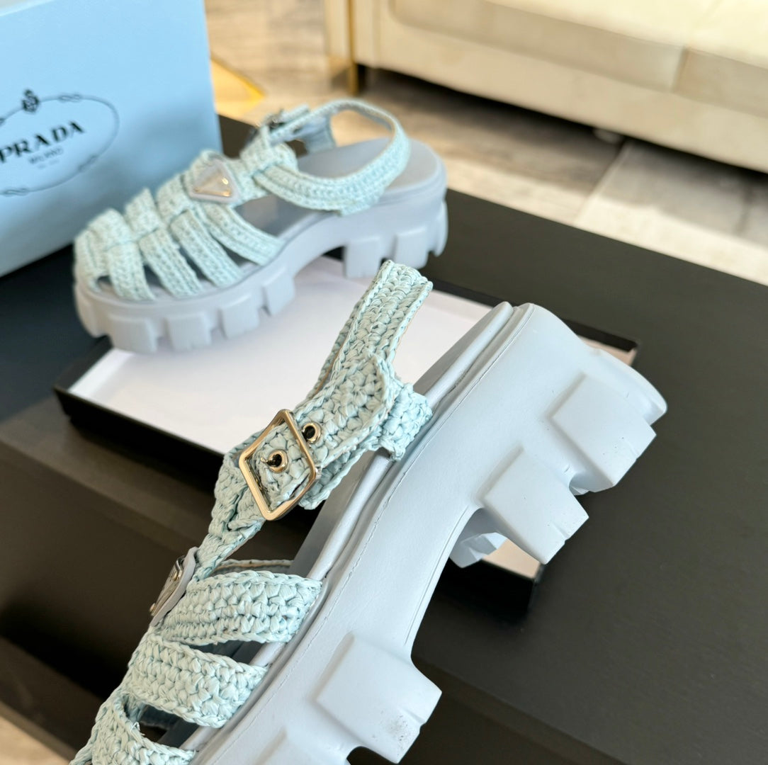 PRADA MONOLITH CROCHET CAGE SANLS PASTEL BLUE LAMBSKIN