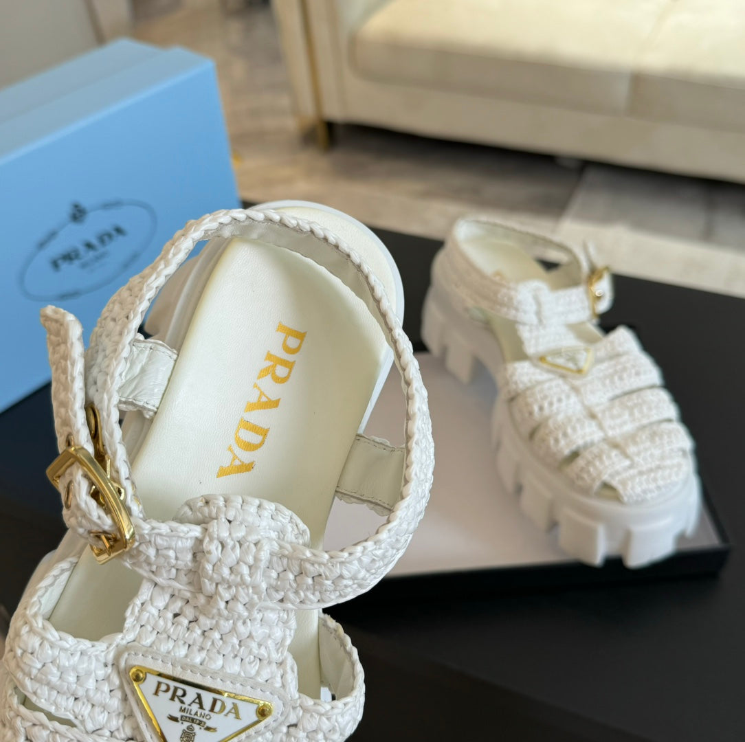 PRADA MONOLITH CROCHET CAGE SANLS WHITE LAMBSKIN