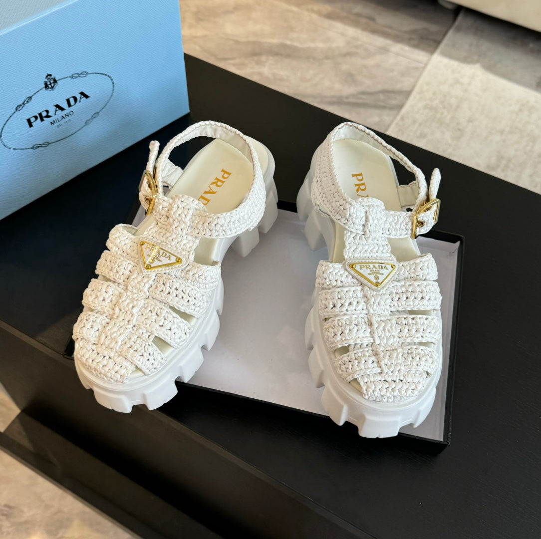 PRADA MONOLITH CROCHET CAGE SANLS WHITE LAMBSKIN