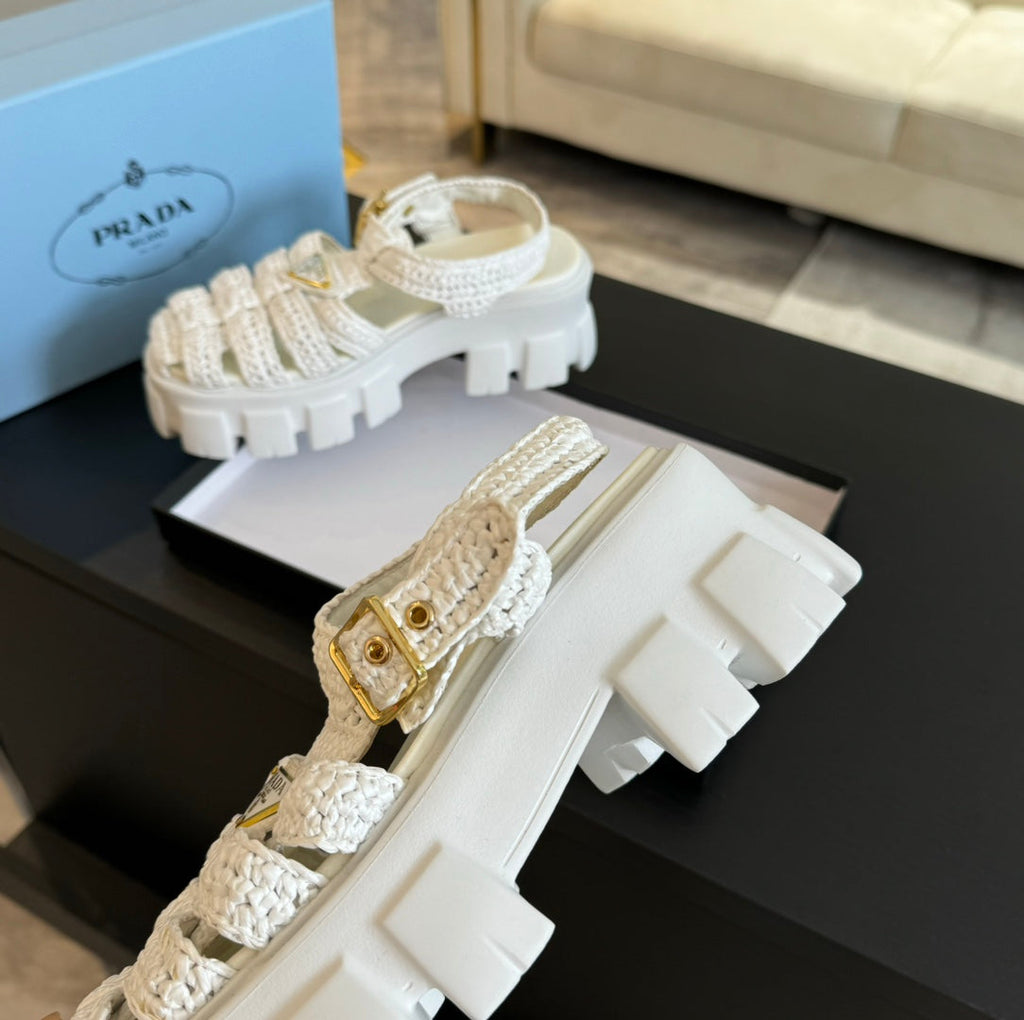 PRADA MONOLITH CROCHET CAGE SANLS WHITE LAMBSKIN