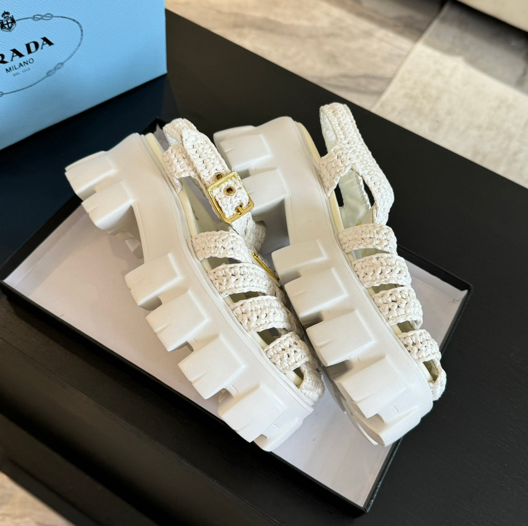 PRADA MONOLITH CROCHET CAGE SANLS WHITE LAMBSKIN