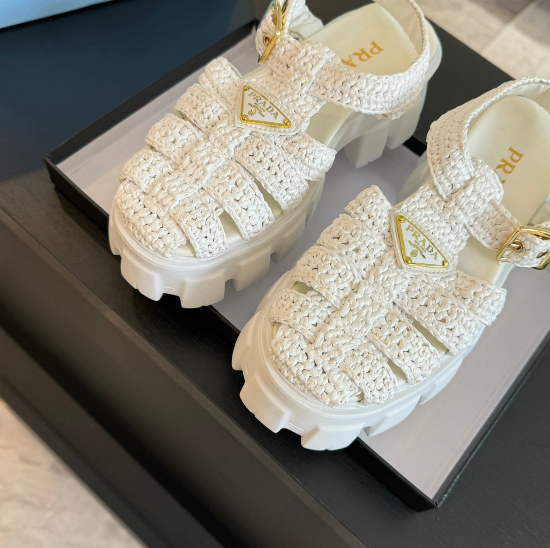 PRADA MONOLITH CROCHET CAGE SANLS WHITE LAMBSKIN