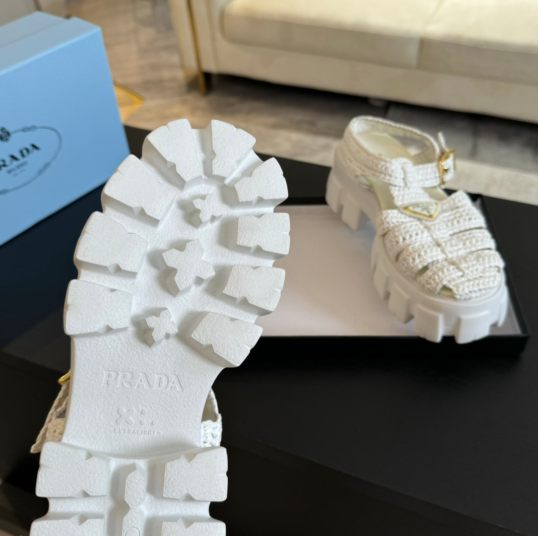 PRADA MONOLITH CROCHET CAGE SANLS WHITE LAMBSKIN