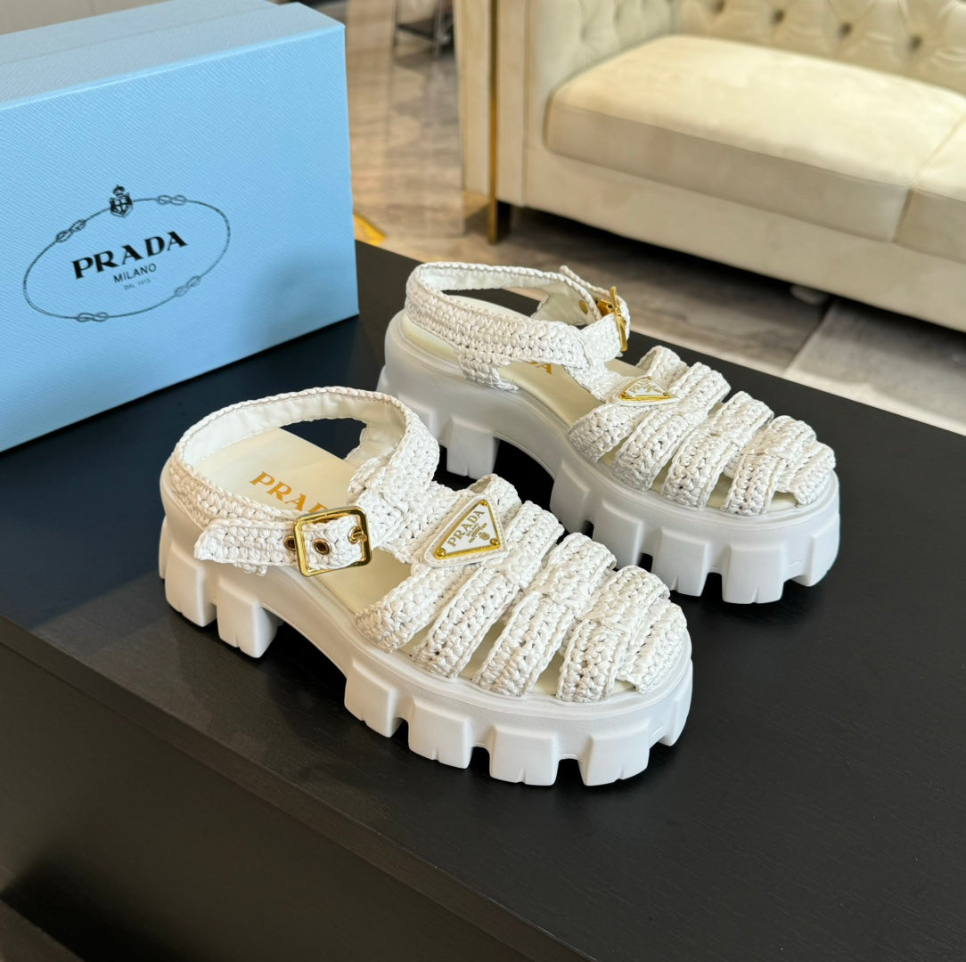 PRADA MONOLITH CROCHET CAGE SANLS WHITE LAMBSKIN