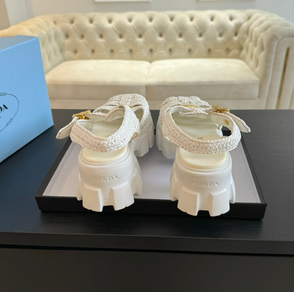 PRADA MONOLITH CROCHET CAGE SANLS WHITE LAMBSKIN