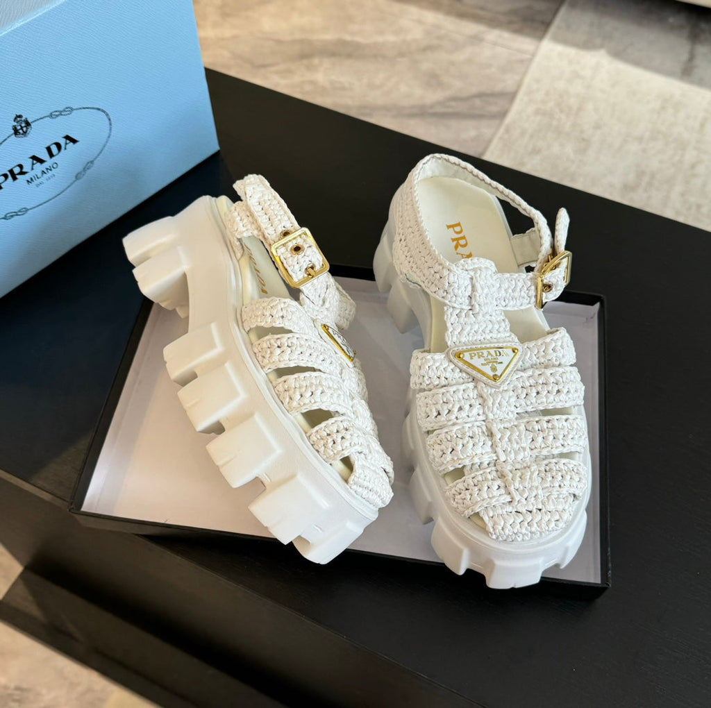 PRADA MONOLITH CROCHET CAGE SANLS WHITE LAMBSKIN