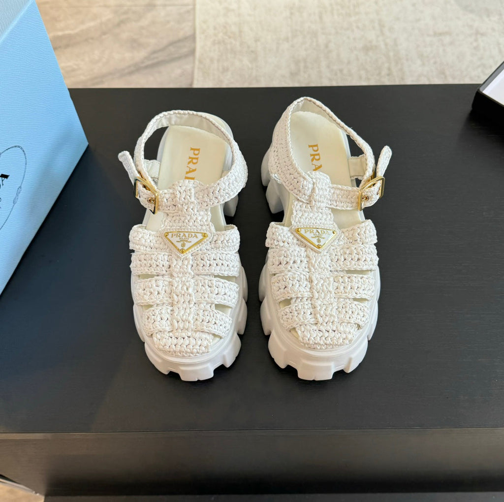 PRADA MONOLITH CROCHET CAGE SANLS WHITE LAMBSKIN