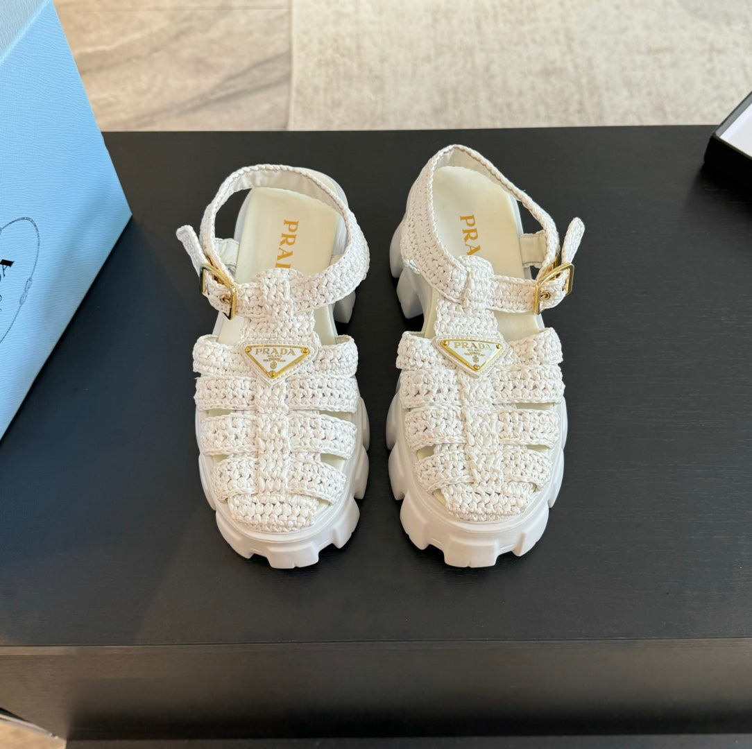 PRADA MONOLITH CROCHET CAGE SANLS WHITE LAMBSKIN