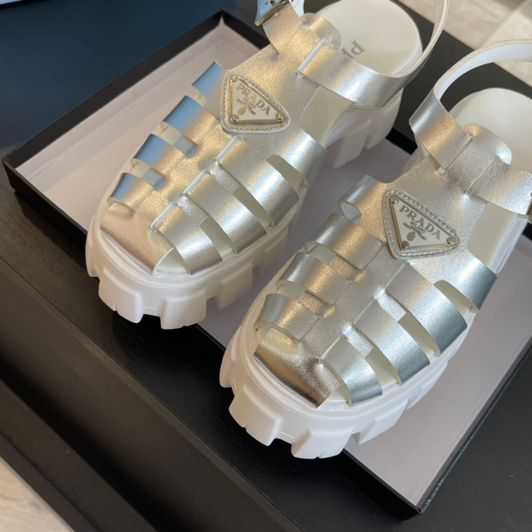 PRADA RUBBER MONOLITH SANLS SILVER CALFSKIN